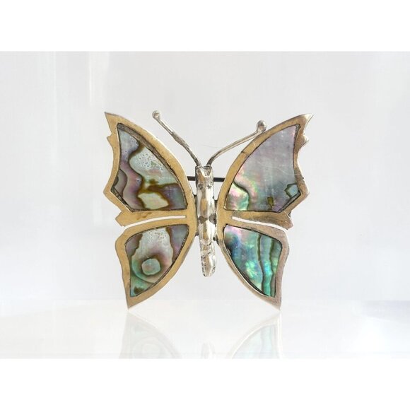 Butterfly Shaped Mexican Made Abalone Shell Inlay Vintage Sterling Silver Brooch - Picture 2 of 10